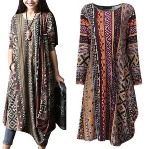 Boho Tribal Print Swing Dress XL Trapeze Earth Tones Fall Winter Long Sleeve
